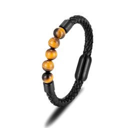 Black Wolf - Fekete Bőr és Tigrisszem Karkötő - Fekete Zár