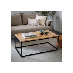 Elite Home® Elegáns, minimalista stílusú fekete fémvázas dohányzóasztal, tölgy színű asztallappal