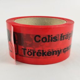 Ragasztószalag Törékeny felirattal, csomagolószalag 50/66, piros