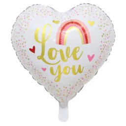Fólia lufi, szív, I love You, fehér, pink szivárványos, 45 cm