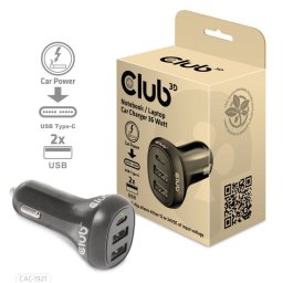 Club3D autós töltő laptopokhoz 36W, 3 port (2xUSB-A USB-C)