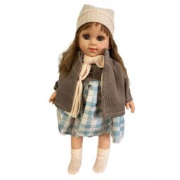 Éneklő hajasbaba csinos téli szettben, kötött kiegészítőkkel , magyarul éneklő