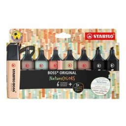 STABILO Szövegkiemelő készlet, 2-5 mm, STABILO "BOSS original NatureCOLORS", 6 különböző szín + 2 fekete