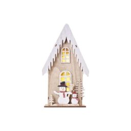 Led dekoráció, fa – házikó hóemberekkel, 28,5 cm, 2x AA, beltéri, meleg fehér, időzítő DCWW18 8592920098646