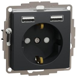 Schneider Új Sedna 2p+F Csatlakozóaljzat, Bzs, Kettős Usb Töltővel, Rugós, 16a/2.4a, Antracit