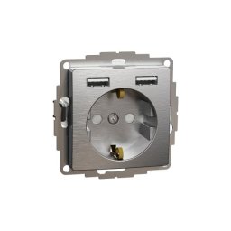 Schneider Új Sedna 2p+F Csatlakozóaljzat, Bzs, Kettős Usb Töltővel, Rugós, 16a/2.4a, Szálcsiszolt Ezüst