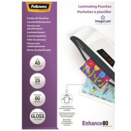FELLOWES Meleglamináló fólia, 80 mikron, A5, fényes, 25 db, FELLOWES