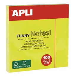 APLI Öntapadó jegyzettömb, 75x75 mm, 100 lap, APLI "Funny", neon sárga