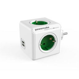 ALLOCACOC Elosztó, 4 aljzat, 2 USB csatlakozó, ALLOCACOC "PowerCube Original USB DE", fehér-zöld