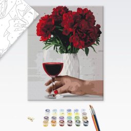 Festés szám szerint pünkösdi rózsa virágai egy pohár borral