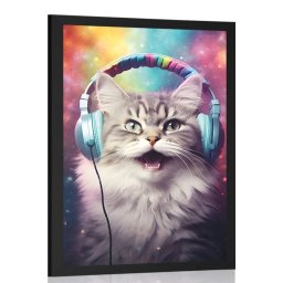 Poszter macska fejhallgatóval.