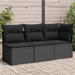 vidaXL 3 személyes fekete polyrattan kerti kanapé párnákkal