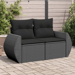vidaXL kétszemélyes fekete polyrattan kerti kanapé párnákkal