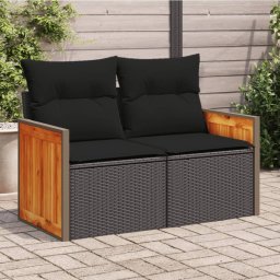 vidaXL kétszemélyes fekete polyrattan kerti kanapé párnákkal