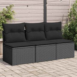vidaXL 3 személyes fekete polyrattan kerti kanapé párnákkal