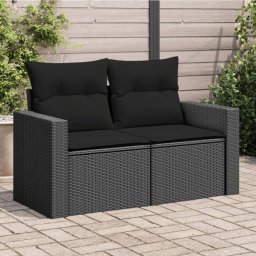 vidaXL kétszemélyes fekete polyrattan kerti kanapé párnákkal