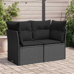 vidaXL kétszemélyes fekete polyrattan kerti kanapé párnákkal