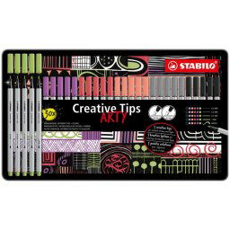 STABILO Tűfilc készlet, fém doboz, STABILO "Creative Tips ARTY", 6 különböző pasztell szín, 5 különböző vastagság