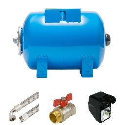 Vízmű készlet 24L AQUA OLA, BSK-3A (400V) fekvő házi vízmű szett hidrofor tartállyal és nyomáskapcsolóval
