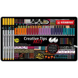 STABILO Tűfilc készlet, fém doboz, STABILO "Creative Tips ARTY", 10 különböző szín, 5 különböző vastagság