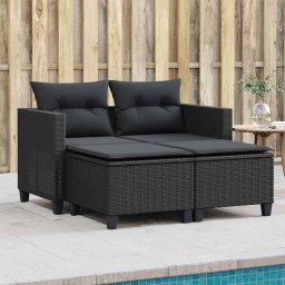 vidaXL 2 személyes fekete polyrattan kerti kanapé zsámollyal