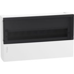 RESI9 MP Kiselosztó, füstszínű átlátszó ajtó, falon kívüli, 1x18 modul, PEN sín, fehér MIP12118S