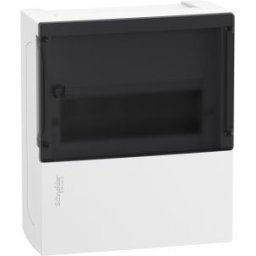 RESI9 MP Kiselosztó, füstszínű átlátszó ajtó, falon kívüli, 1x8 modul, PEN sín, komplett, fehér MIP12108S