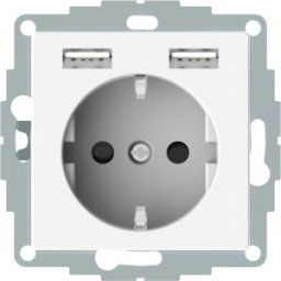 MERTEN 2P+F csatlakozóaljzat, biztonsági zsaluval, kettős USB töltővel, rugós bekötés, 16A / 2.4A, polárfehér