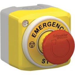 Harmony XALK tokozott vészgomb, gombafejű, piros-fehér világító gyűrű, forg. kioldó, 24VAC/DC, 1NO+2NC, "EMERGENCY STOP"