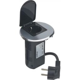 Összeszerelt Asztali Kábelrendező 2P+F Csatlakozóaljzattal És Usb Telefontöltővel, Rozsdamentes Acélkeret És Fekete Mechanizmus 1X2P+F Csatlakozóaljzat Burkolattal, 1X Usb , 2 M Tápkábellel 2P+F Csatlakozódugóval 054087