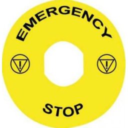 Harmony sárga köralakú felirati tábla, Ø60, vészleállítóhoz, ZBZ3605 védőgallérhoz, logóval, EMERGENCY STOP