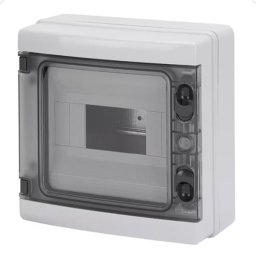 GEWISS - Lakáselosztó, falon kívüli, 8modul (1x8), átlátszó ajtóval, műanyag, PE/N sínnel, sorolható, 215x210x100mm, szürke(RAL7035), IP65, 8KE, GW40102BS