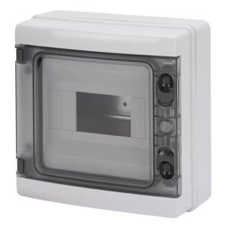 GEWISS - Lakáselosztó, falon kívüli, 8modul (1x8), átlátszó ajtóval, műanyag, PE/N sínnel, sorolható, 215x210x100mm, szürke(RAL7035), IP65, 8KE