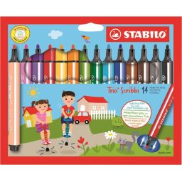 STABILO Filctoll készlet, 1,5-2 mm, rugós hegy, STABILO "Trio Scribbi", 14 különböző szín