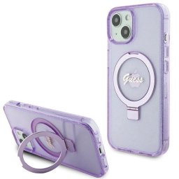 Guess Ring Stand Script Glitter MagSafe iPhone 15 telefontok (lila)