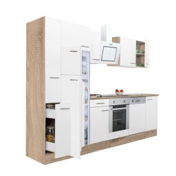 Yorki 310 konyhabútor sonoma tölgy korpusz,selyemfényű fehér front alsó sütős elemmel felülfagyasztós hűtős szekrénnyel