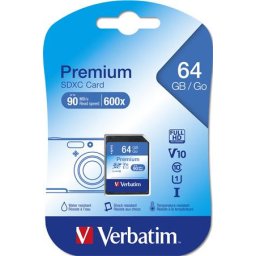 VERBATIM Memóriakártya, SDXC, 64GB, CL10/U1, 90/10 MB/s, VERBATIM "Premium"