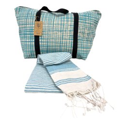 Stílusos strandtáska + fürdőlepedő szett HAMAM 75x150 cm, türkiz, 100% organikus pamut