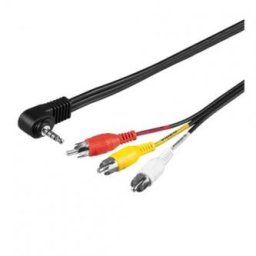Audio/Video kábel Jack (3.5mm) hím - 3x CINCH hím, 1.5m, 4 pólusú jack 90°, fekete, Logo buborékcsomagolásban