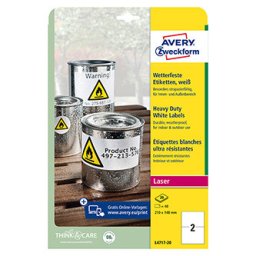 Avery Zweckform címkék 210mm x 148mm, A4, matt, fehér, 2 címke, nagyon tartós, 20 darabos csomag, L4717-20, lézernyomtatókhoz