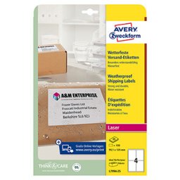 Avery Zweckform címkék 99,1 mm x 139 mm, A4, fehér, 1 címke, vízálló, 25 darabos csomag, L7994-25, lézernyomtatókhoz