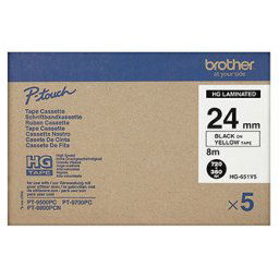 Brother eredeti címkenyomtató szalag, Brother, HGE-651, fekete nyomtatás/sárga hátlap, 8m, 24mm, 5 db csomagonként, csomagonkénti áron