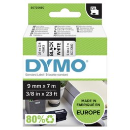 Dymo eredeti címkenyomtató szalag, Dymo, 40913, S0720680, fekete nyomtatás/fehér hátlap, 7m, 9mm, D1