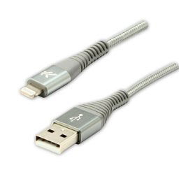 Logo USB kábel (2.0), USB A hím - Apple Lightning hím, 2m, MFi tanúsítás, 5V/2.4A, ezüst, doboz, nejlonfonat, hli