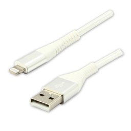 Logo USB kábel (2.0), USB A hím - Apple Lightning hím, 2m, MFi tanúsítás, 5V/2.4A, fehér, doboz, nejlon fonott, alumínium