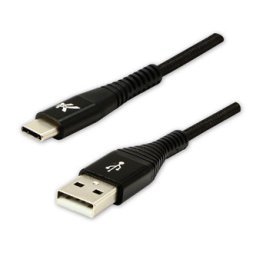 Logo USB-kábel (2.0), USB A hím – USB C hím, 1 m, 480 Mb/s, 5 V/3 A, fekete, dobozban, nejlon szövetborítás, alumínium csatlakozóburkolat, D