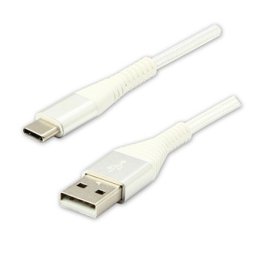 Logo USB-kábel (2.0), USB A hím – USB C hím, 2 m, 480 Mb/s, 5 V/3 A, fehér, dobozban, nejlon szövetborítás, alumínium csatlakozóburkolat, DO
