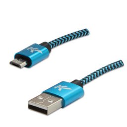 Logo USB-kábel (2.0), USB A hím – microUSB hím, 2 m, 480 Mb/s, 5 V/1 A, kék, dobozban, nejlon szövetborítás, alumínium csatlakozóburkolat,
