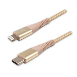 Logo USB kábel (2.0), USB C hím - Apple Lightning hím, 2m, MFi tanúsítás, 5V/3A, arany, doboz, nejlonfonat, alumínium