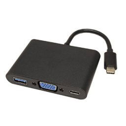 USB/Video átalakító HUB, DP Alt Mode, USB C hím - VGA (D-sub) csatlakozó USB C csatlakozó (PD) USB A hím, fekete, műanyag zacskó 2560